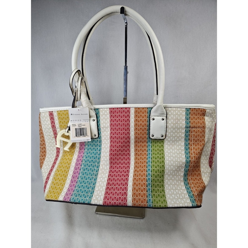 Etienne Aigner Modern Tote Multi Stripe Canvas Shoulder Bag NWT 21005X